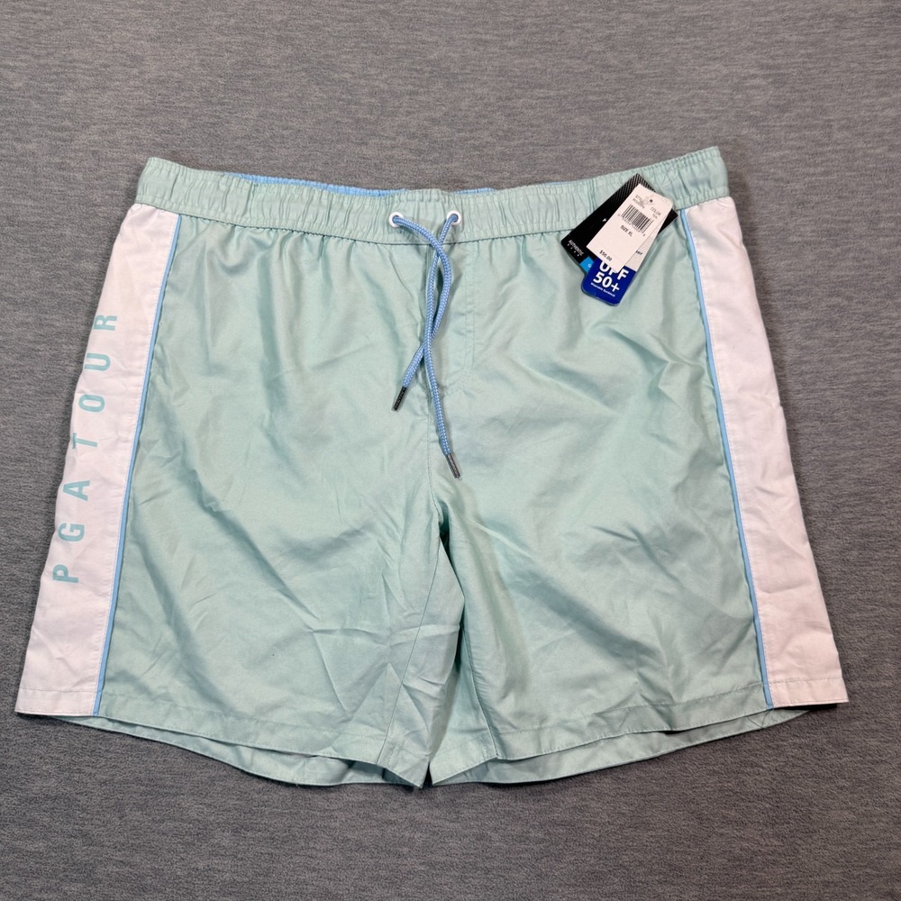 PGA Tour Swim‎ Trunks Men XL Teal White UPF 50 Boardshorts Comfort Liner NWT